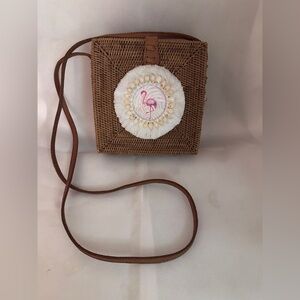 Lisi Lerch Straw Purse Long Strap Flamingo Surrounded By Shells On One Side